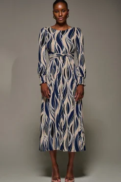 Jersey Belted Long Sleeve Maxi Dress, Navy Abstract