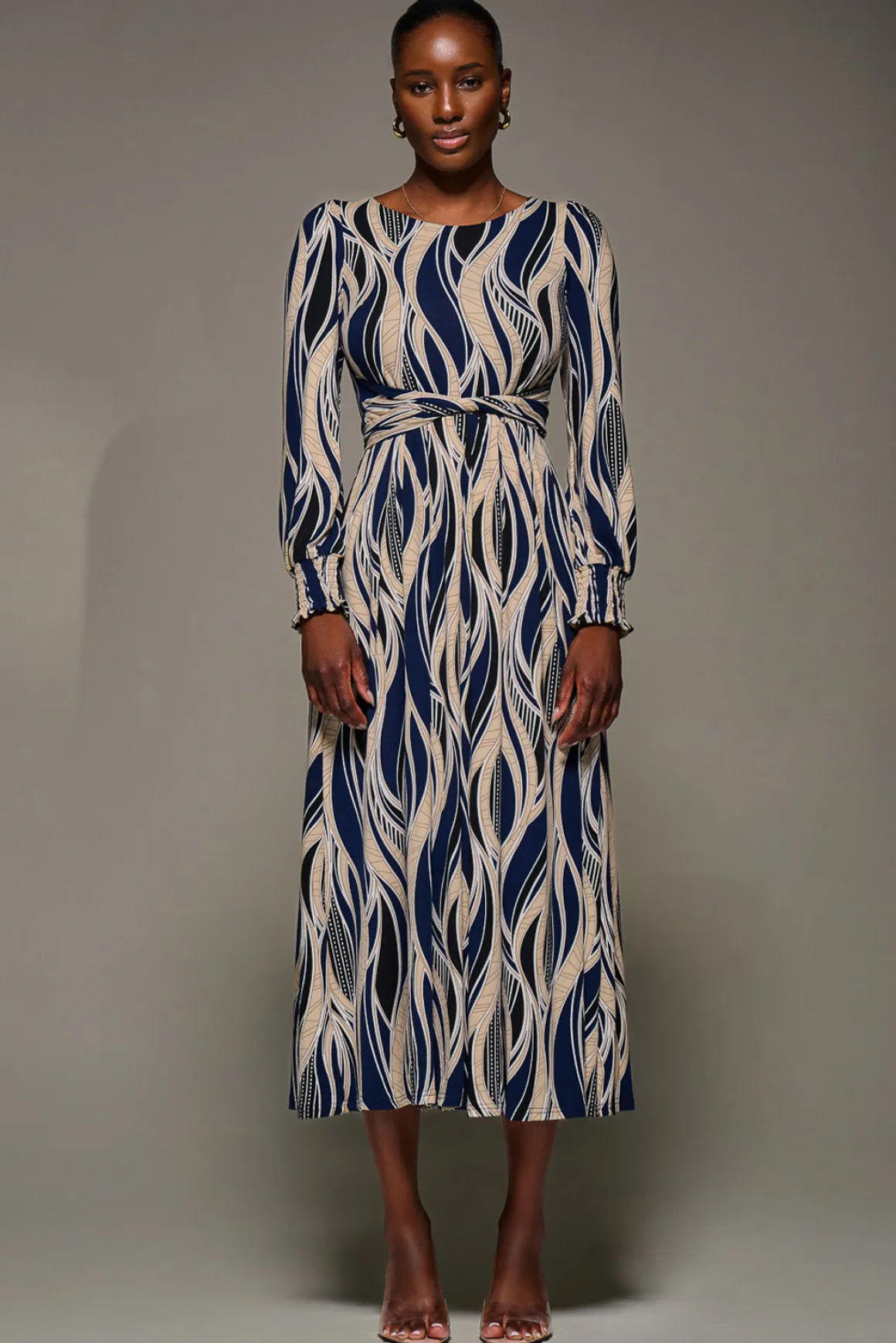 Jersey Belted Long Sleeve Maxi Dress, Navy Abstract