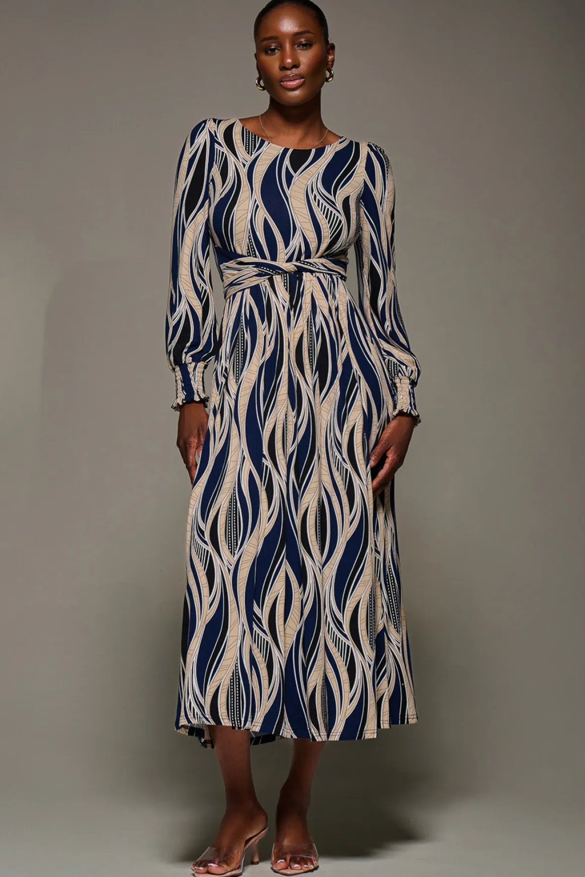Jersey Belted Long Sleeve Maxi Dress, Navy Abstract