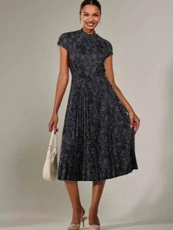Jersey Capped Sleeve Pleated Midi Dress, Black Polka