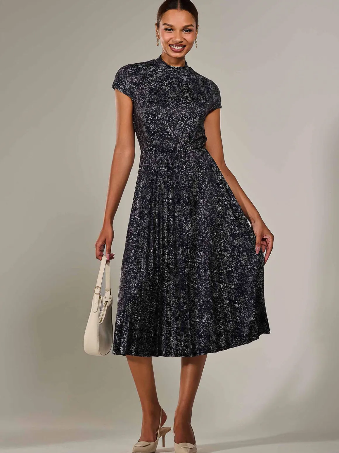 Jersey Capped Sleeve Pleated Midi Dress, Black Polka