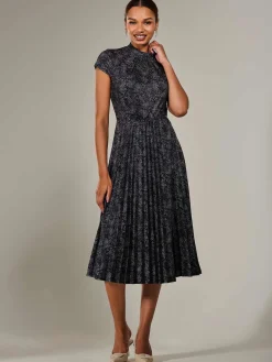 Jersey Capped Sleeve Pleated Midi Dress, Black Polka
