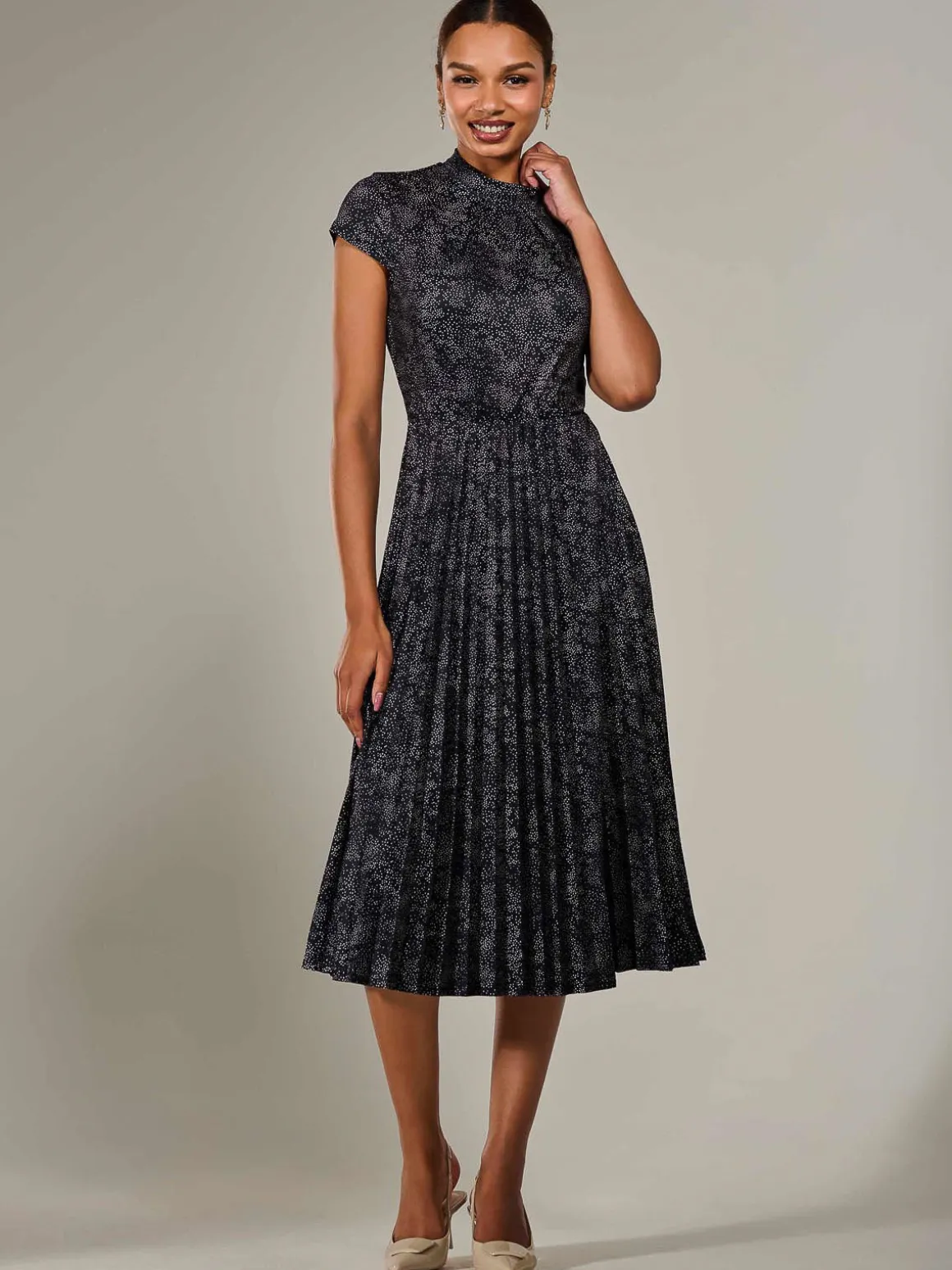 Jersey Capped Sleeve Pleated Midi Dress, Black Polka