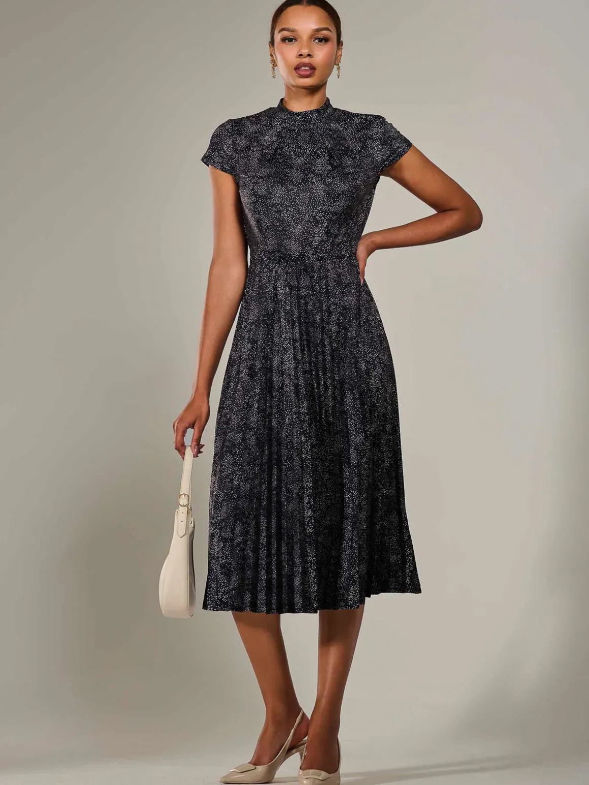 Jersey Capped Sleeve Pleated Midi Dress, Black Polka