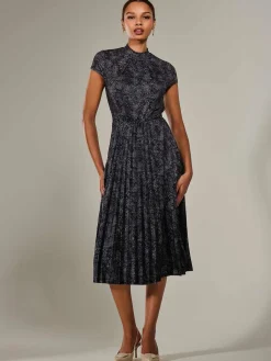 Jersey Capped Sleeve Pleated Midi Dress, Black Polka