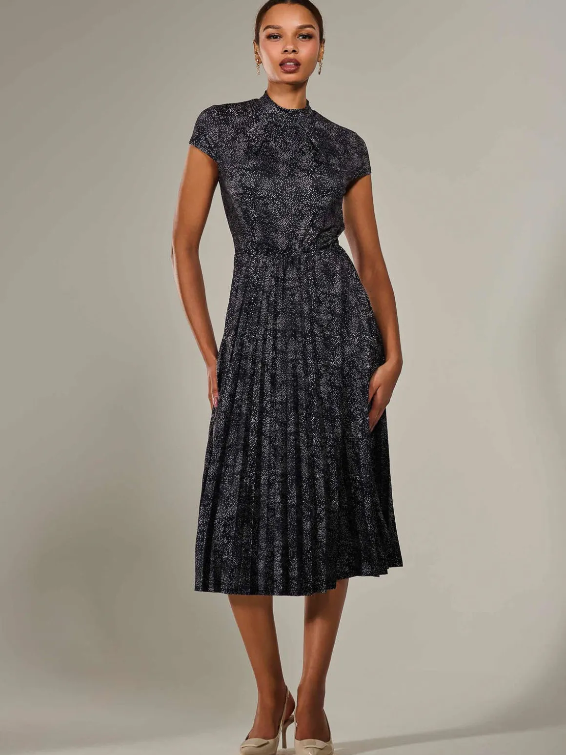Jersey Capped Sleeve Pleated Midi Dress, Black Polka