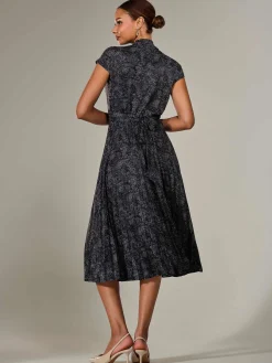 Jersey Capped Sleeve Pleated Midi Dress, Black Polka