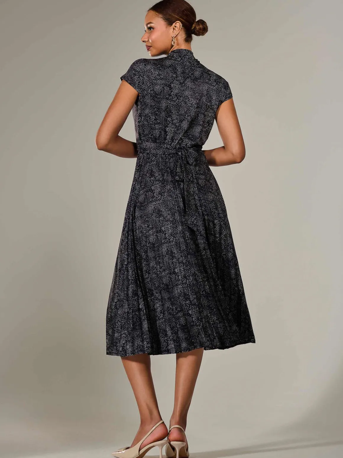 Jersey Capped Sleeve Pleated Midi Dress, Black Polka