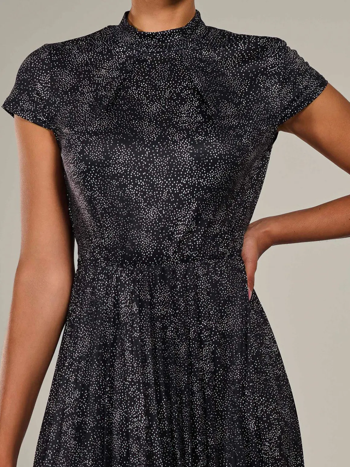 Jersey Capped Sleeve Pleated Midi Dress, Black Polka