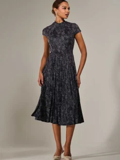 Jersey Capped Sleeve Pleated Midi Dress, Black Polka