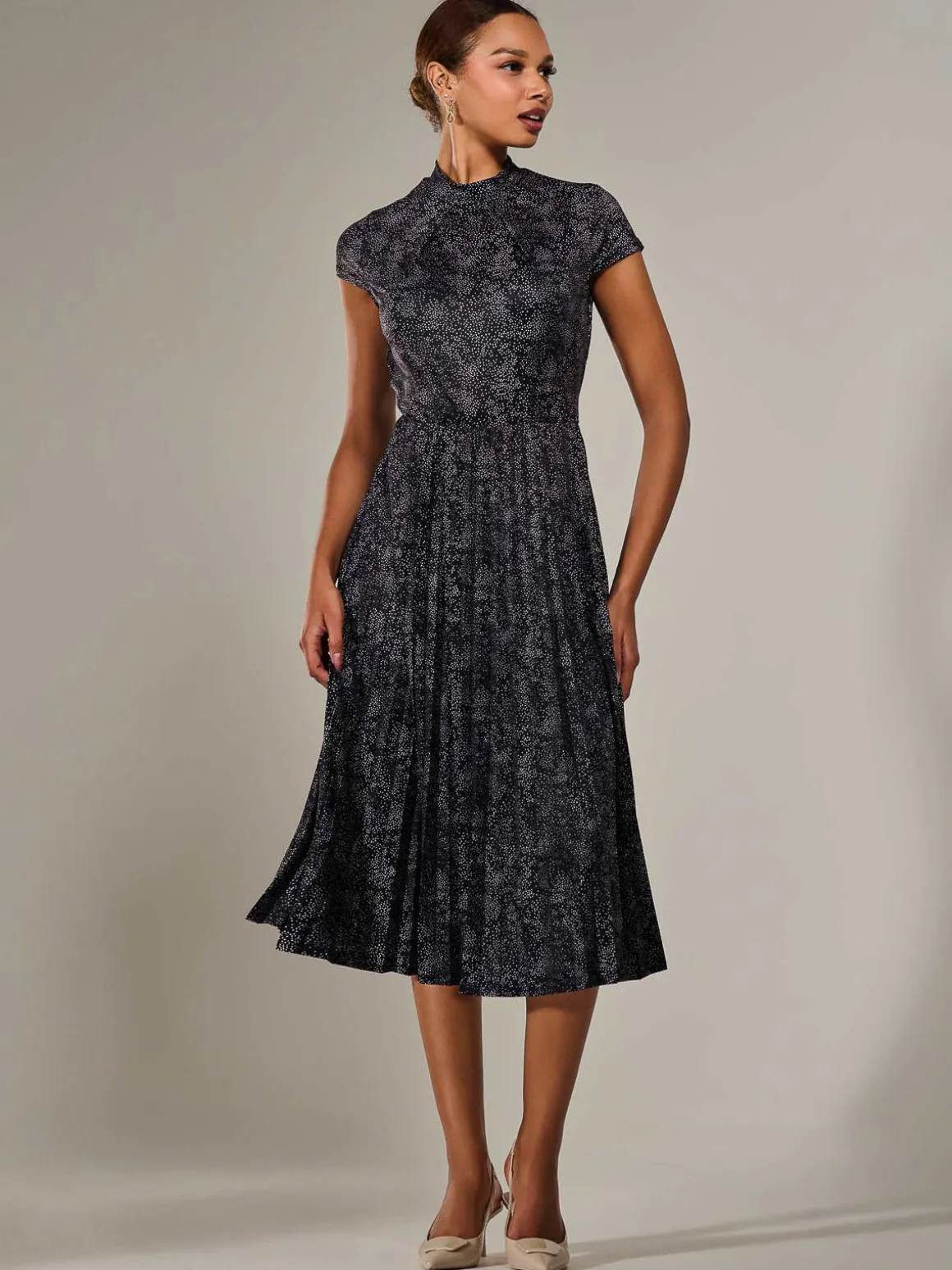 Jersey Capped Sleeve Pleated Midi Dress, Black Polka
