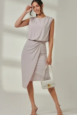Jersey Draped Wrap Skirt Midi Dress Stone