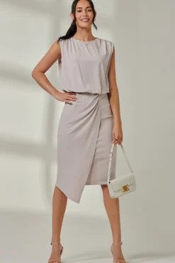 Jersey Draped Wrap Skirt Midi Dress Stone