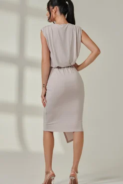Jersey Draped Wrap Skirt Midi Dress Stone