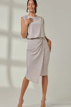 Jersey Draped Wrap Skirt Midi Dress Stone
