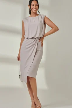Jersey Draped Wrap Skirt Midi Dress Stone