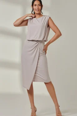 Jersey Draped Wrap Skirt Midi Dress Stone