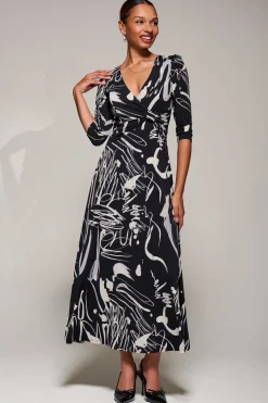 Jersey Ruched Waist Fit & Flare Maxi Dress, Black Abstract