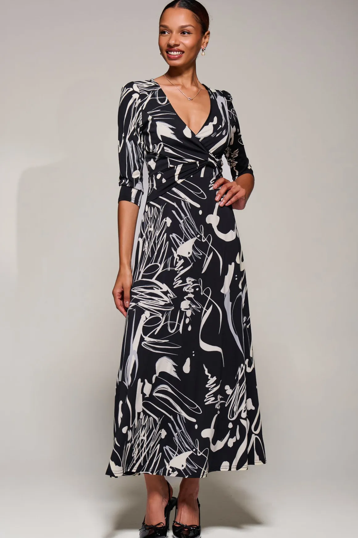 Jersey Ruched Waist Fit & Flare Maxi Dress, Black Abstract