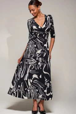 Jersey Ruched Waist Fit & Flare Maxi Dress, Black Abstract