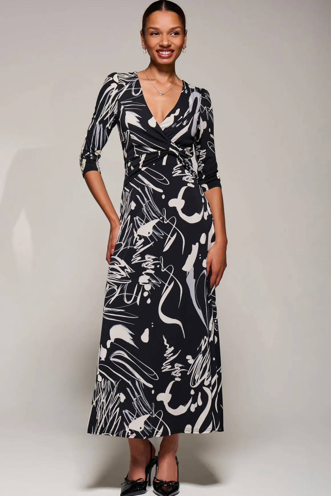 Jersey Ruched Waist Fit & Flare Maxi Dress, Black Abstract