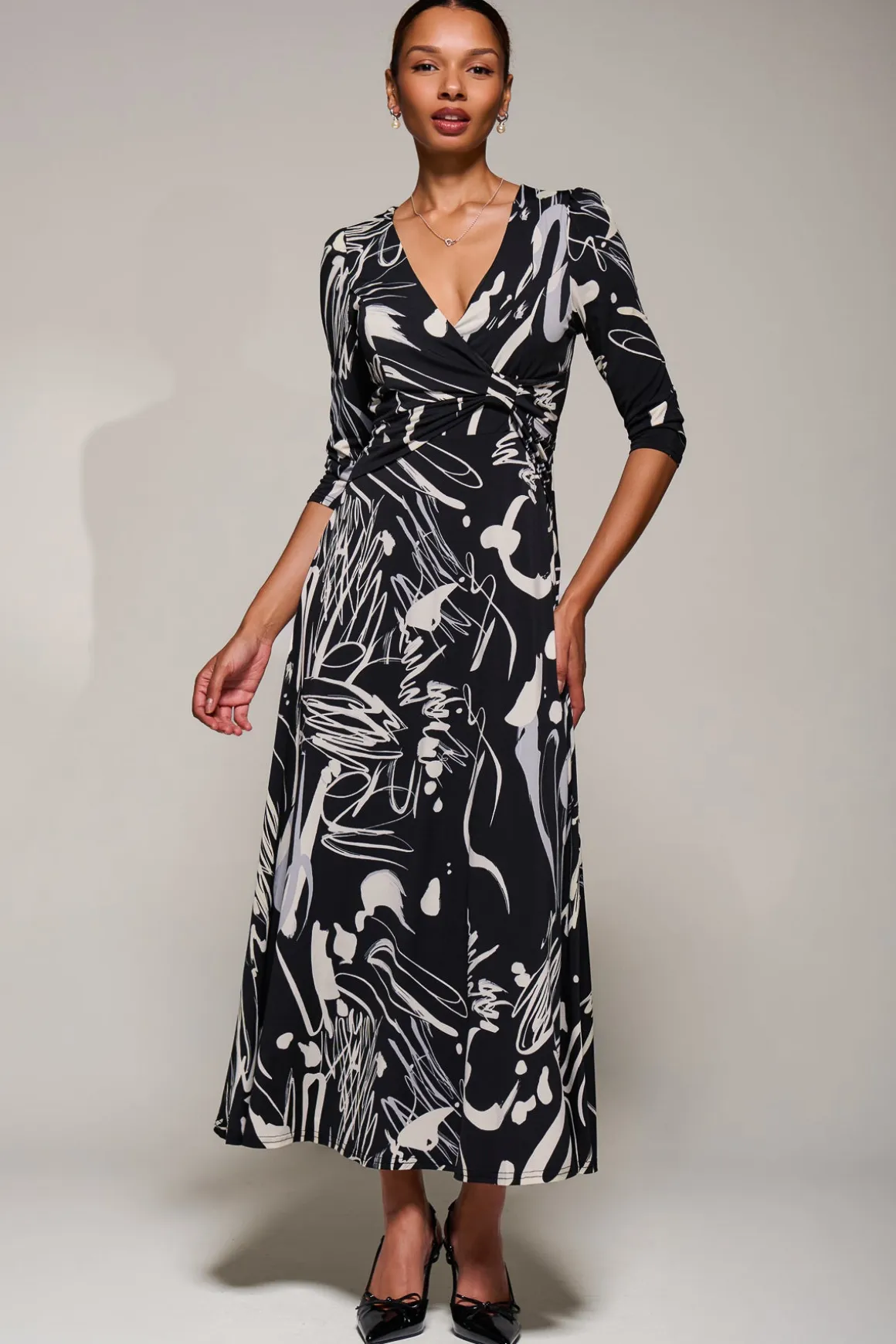 Jersey Ruched Waist Fit & Flare Maxi Dress, Black Abstract
