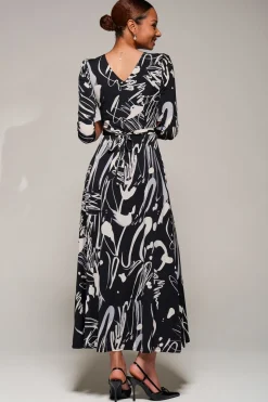 Jersey Ruched Waist Fit & Flare Maxi Dress, Black Abstract