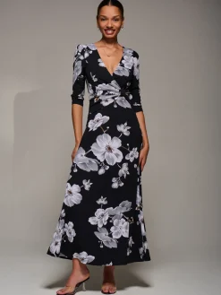 Jersey Ruched Waist Fit & Flare Maxi Dress, Black Floral