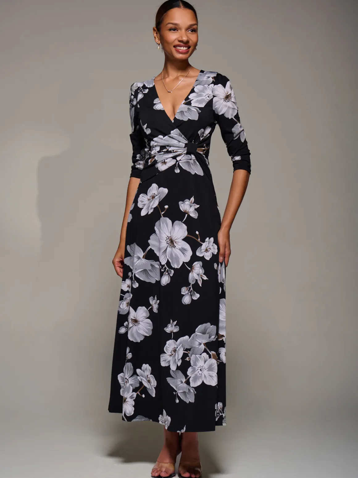 Jersey Ruched Waist Fit & Flare Maxi Dress, Black Floral