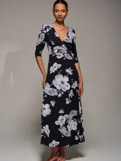 Jersey Ruched Waist Fit & Flare Maxi Dress, Black Floral