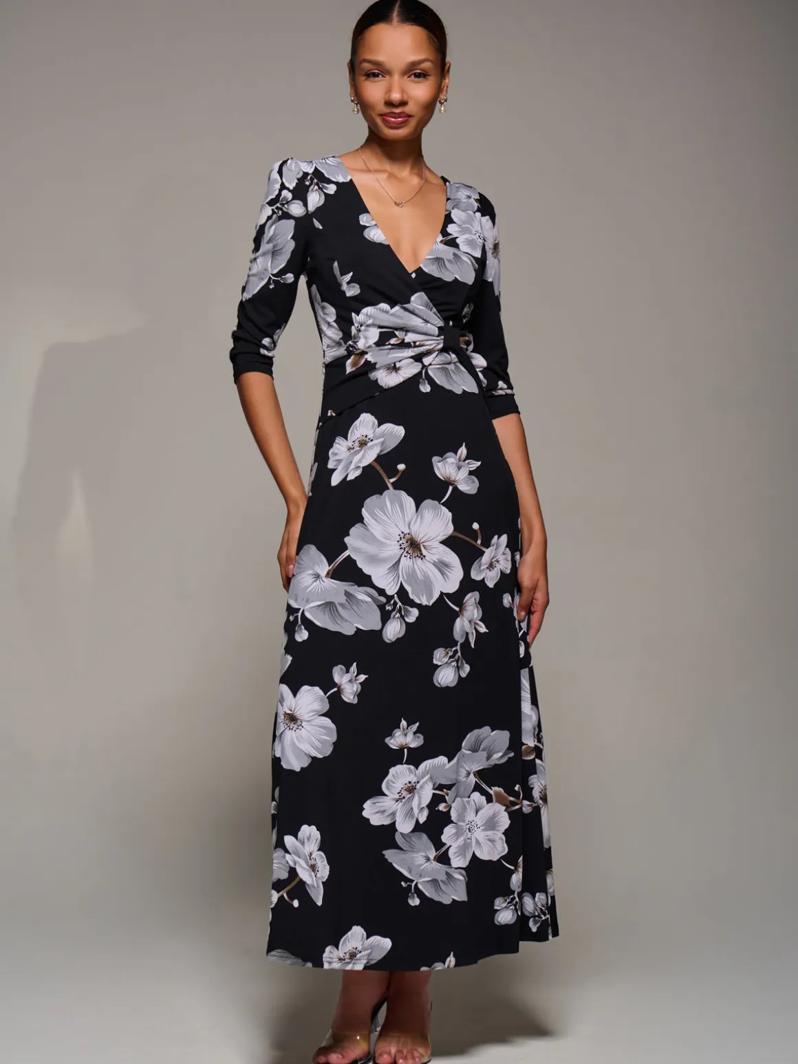 Jersey Ruched Waist Fit & Flare Maxi Dress, Black Floral