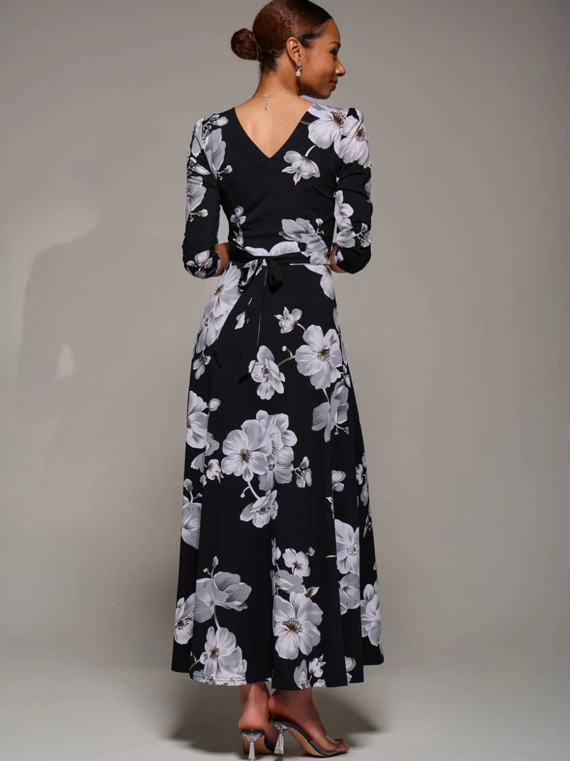 Jersey Ruched Waist Fit & Flare Maxi Dress, Black Floral