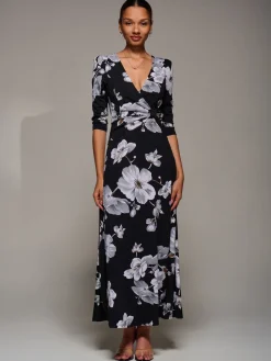 Jersey Ruched Waist Fit & Flare Maxi Dress, Black Floral
