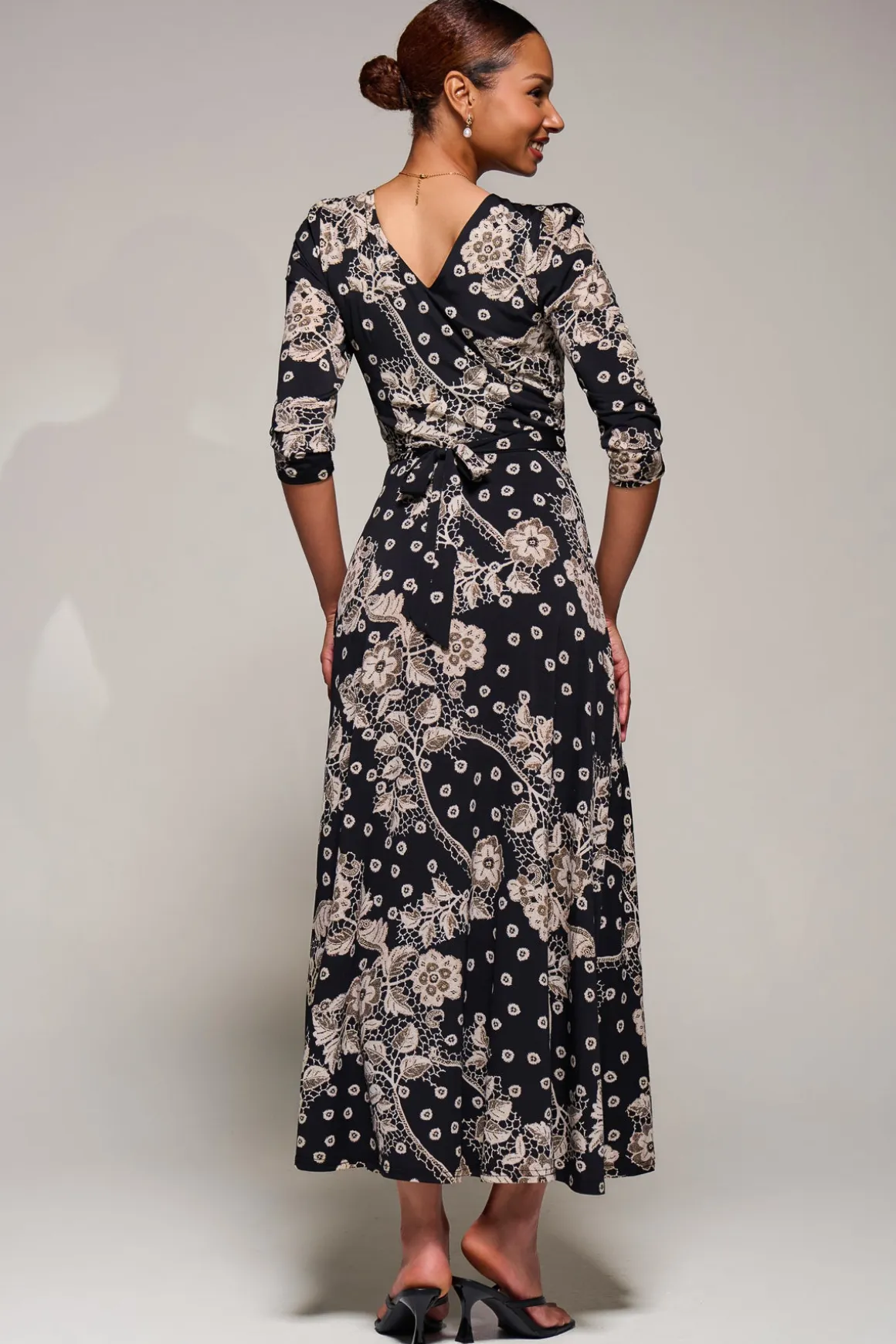 Jersey Ruched Waist Fit & Flare Maxi Dress, Black Floral