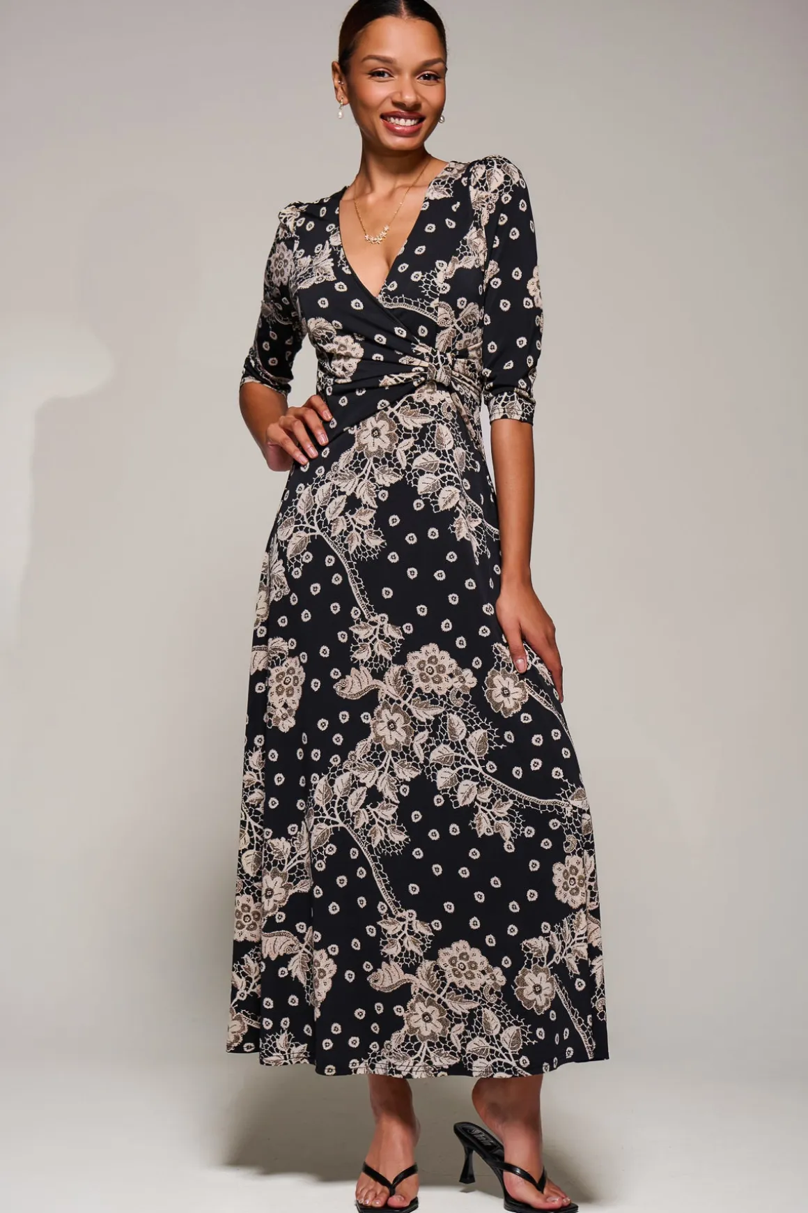 Jersey Ruched Waist Fit & Flare Maxi Dress, Black Floral
