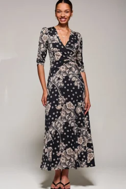 Jersey Ruched Waist Fit & Flare Maxi Dress, Black Floral