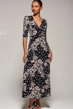 Jersey Ruched Waist Fit & Flare Maxi Dress, Black Floral