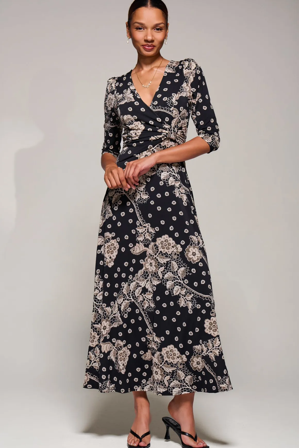 Jersey Ruched Waist Fit & Flare Maxi Dress, Black Floral