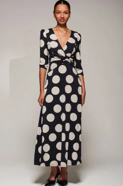 Jersey Ruched Waist Fit & Flare Maxi Dress, Black Polka Dot