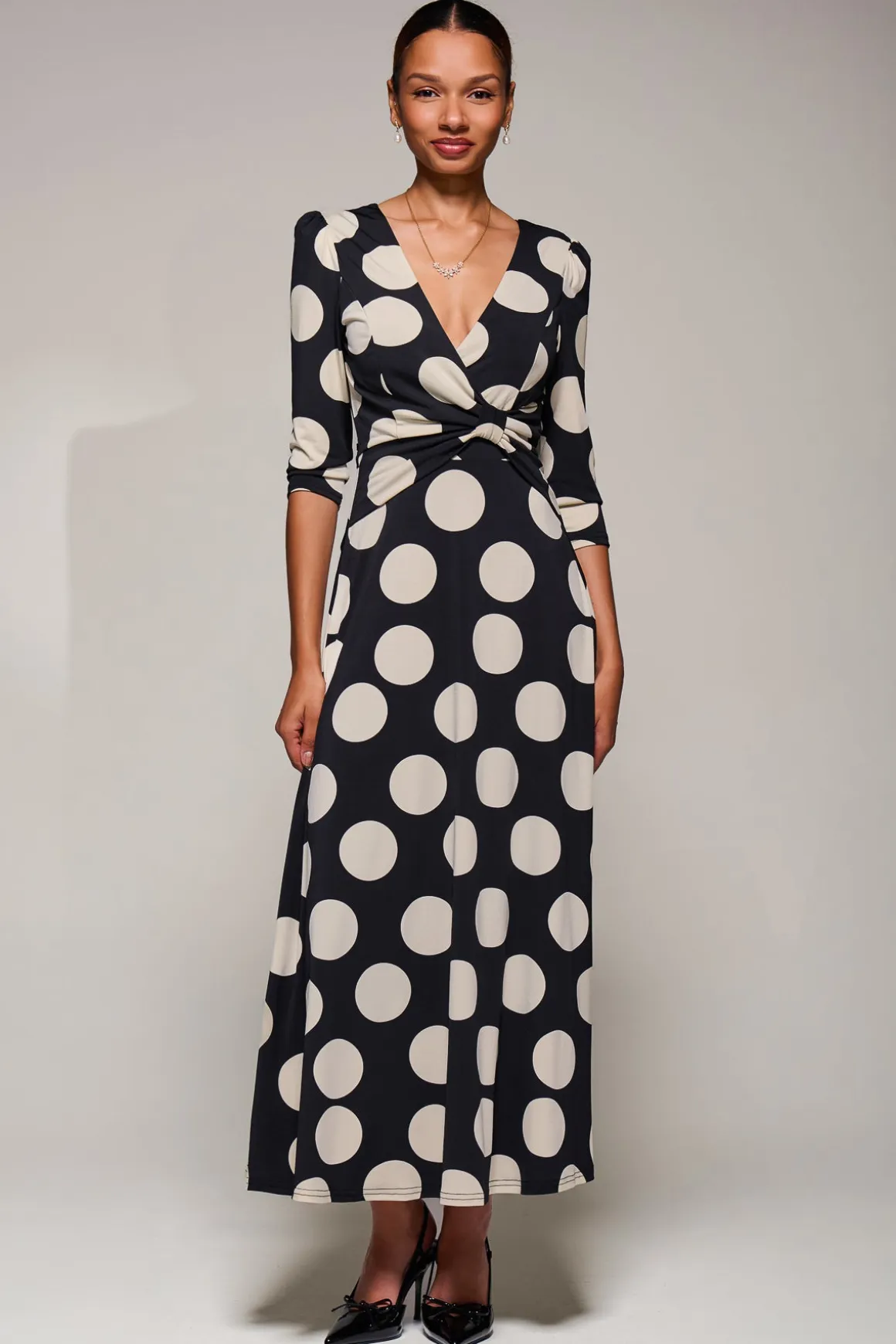 Jersey Ruched Waist Fit & Flare Maxi Dress, Black Polka Dot