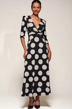 Jersey Ruched Waist Fit & Flare Maxi Dress, Black Polka Dot
