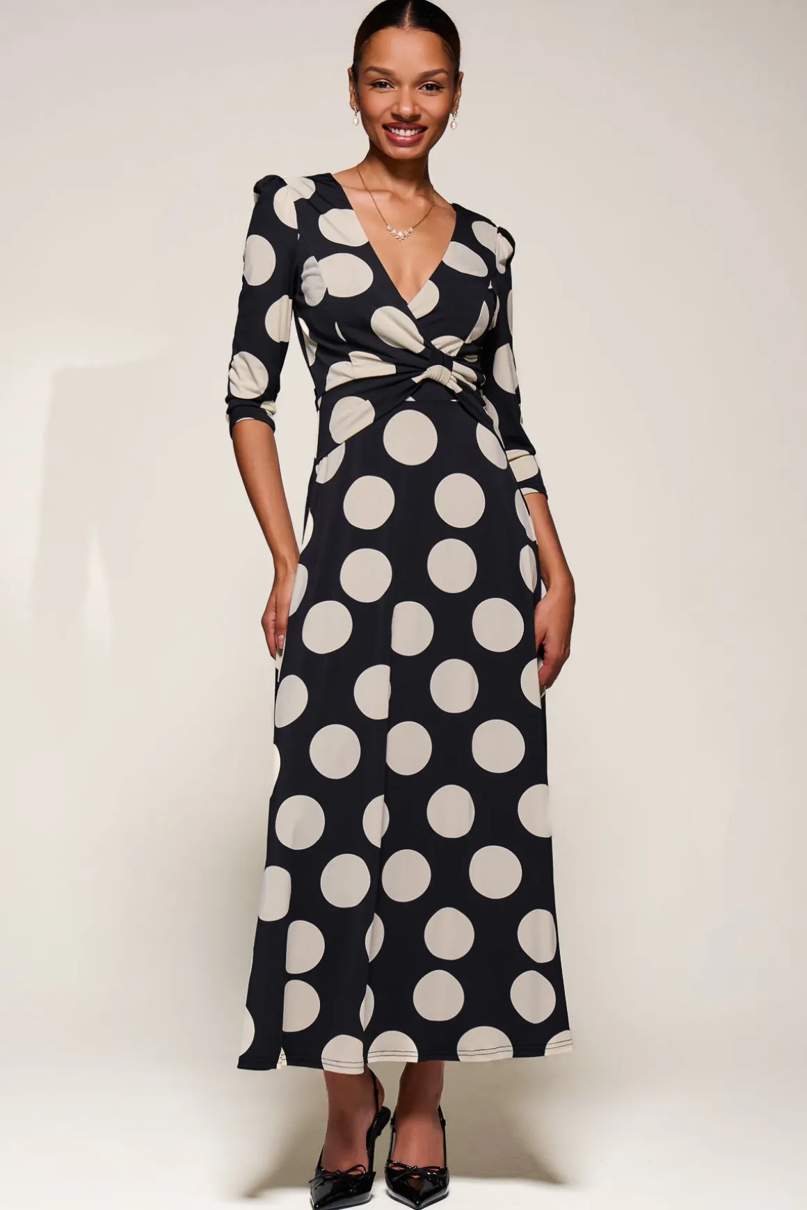 Jersey Ruched Waist Fit & Flare Maxi Dress, Black Polka Dot