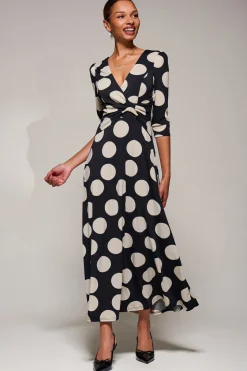 Jersey Ruched Waist Fit & Flare Maxi Dress, Black Polka Dot