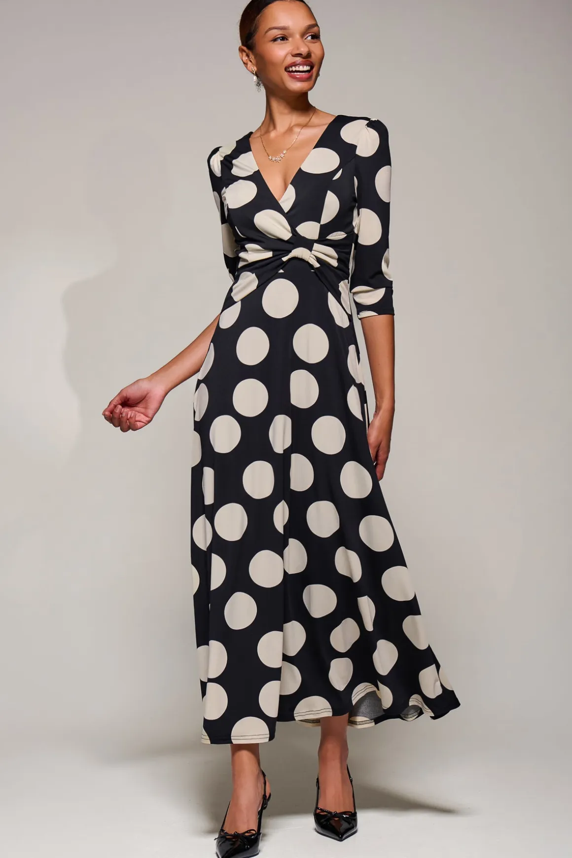 Jersey Ruched Waist Fit & Flare Maxi Dress, Black Polka Dot