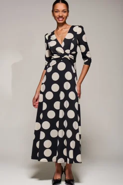 Jersey Ruched Waist Fit & Flare Maxi Dress, Black Polka Dot