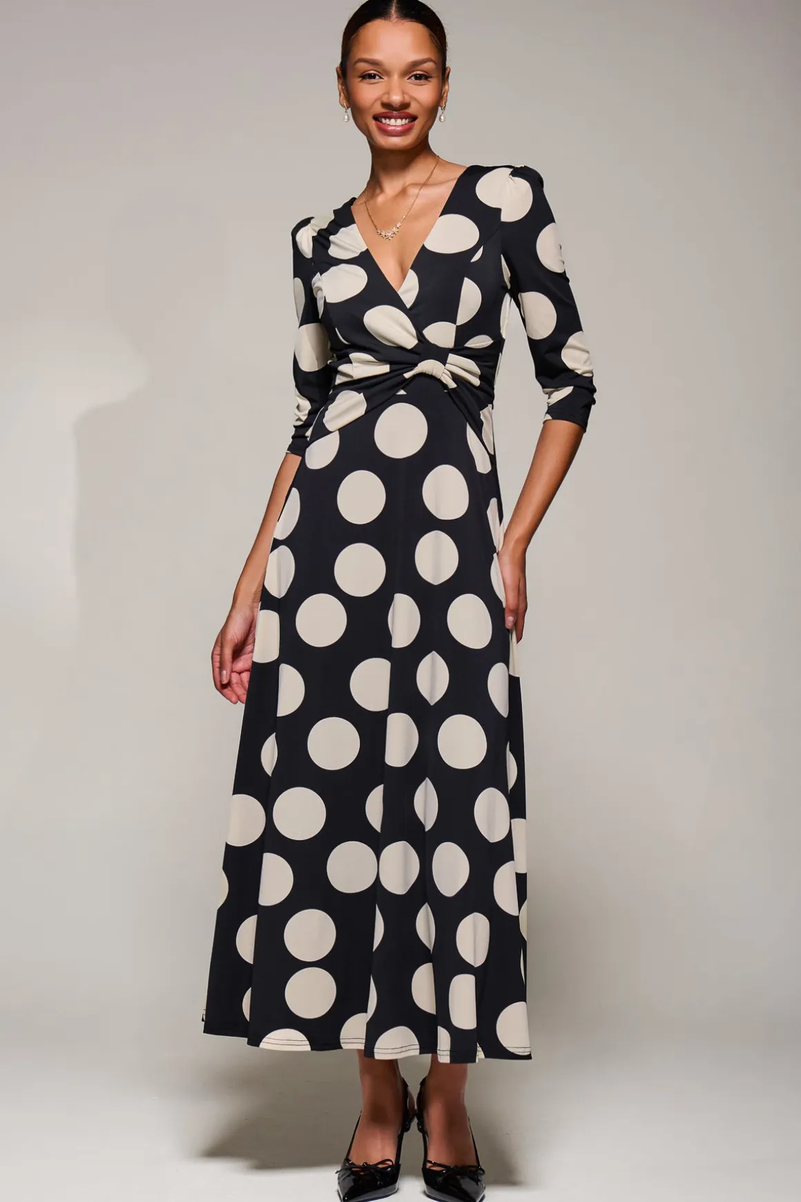 Jersey Ruched Waist Fit & Flare Maxi Dress, Black Polka Dot