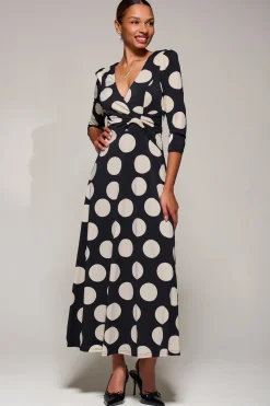 Jersey Ruched Waist Fit & Flare Maxi Dress, Black Polka Dot