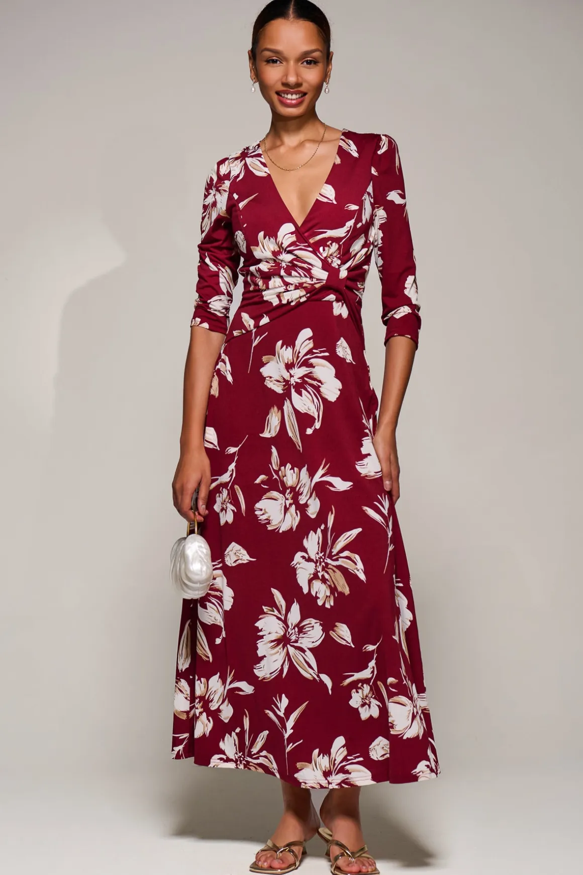 Jersey Ruched Waist Fit & Flare Maxi Dress, Burgundy Floral