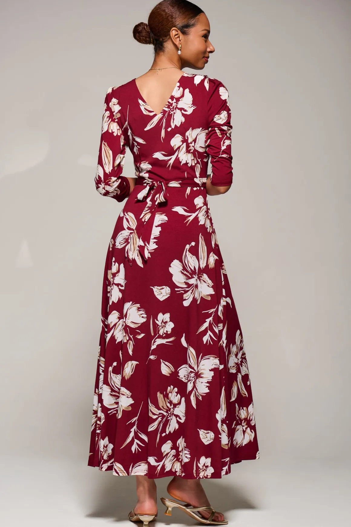 Jersey Ruched Waist Fit & Flare Maxi Dress, Burgundy Floral