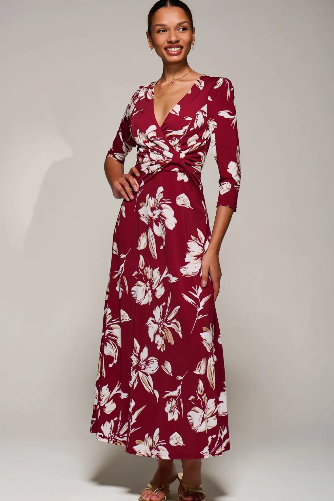 Jersey Ruched Waist Fit & Flare Maxi Dress, Burgundy Floral